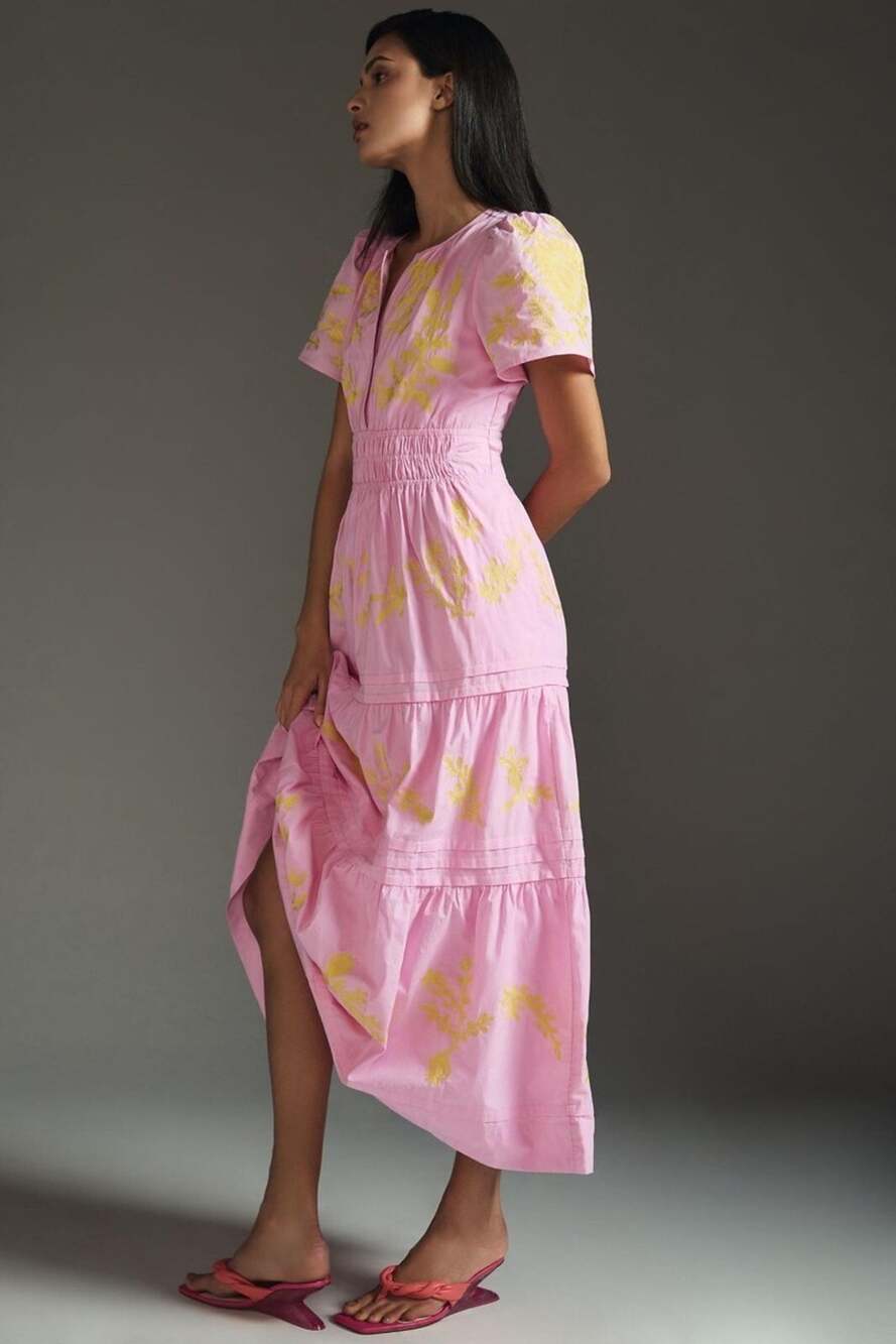 Anthropologie Somerset Pink Yellow Embroidered Cotton Blend Maxi Dress 1X